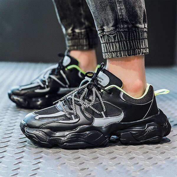 

Men Mesh Panel Lace Up Front Chunky Sneakers, Black