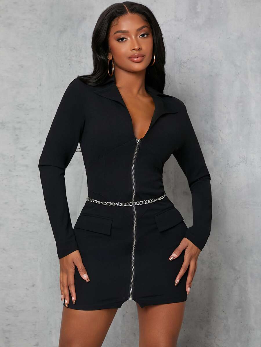SHEIN SXY Flap & Chain Detail Zip Up Mini Bodycon Dress - Black - View 1