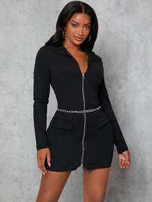 SHEIN SXY Flap & Chain Detail Zip Up Mini Bodycon Dress - Black - View 4