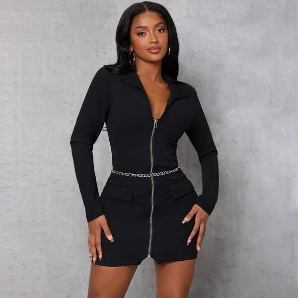 

Flap & Chain Detail Zip Up Mini Bodycon Dress, Black