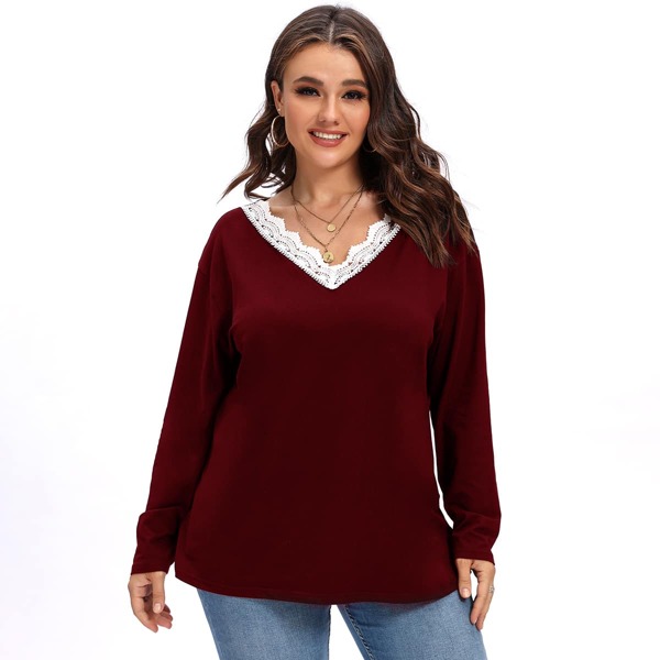 

Plus Contrast Guipure Lace Drop Shoulder Tee, Burgundy