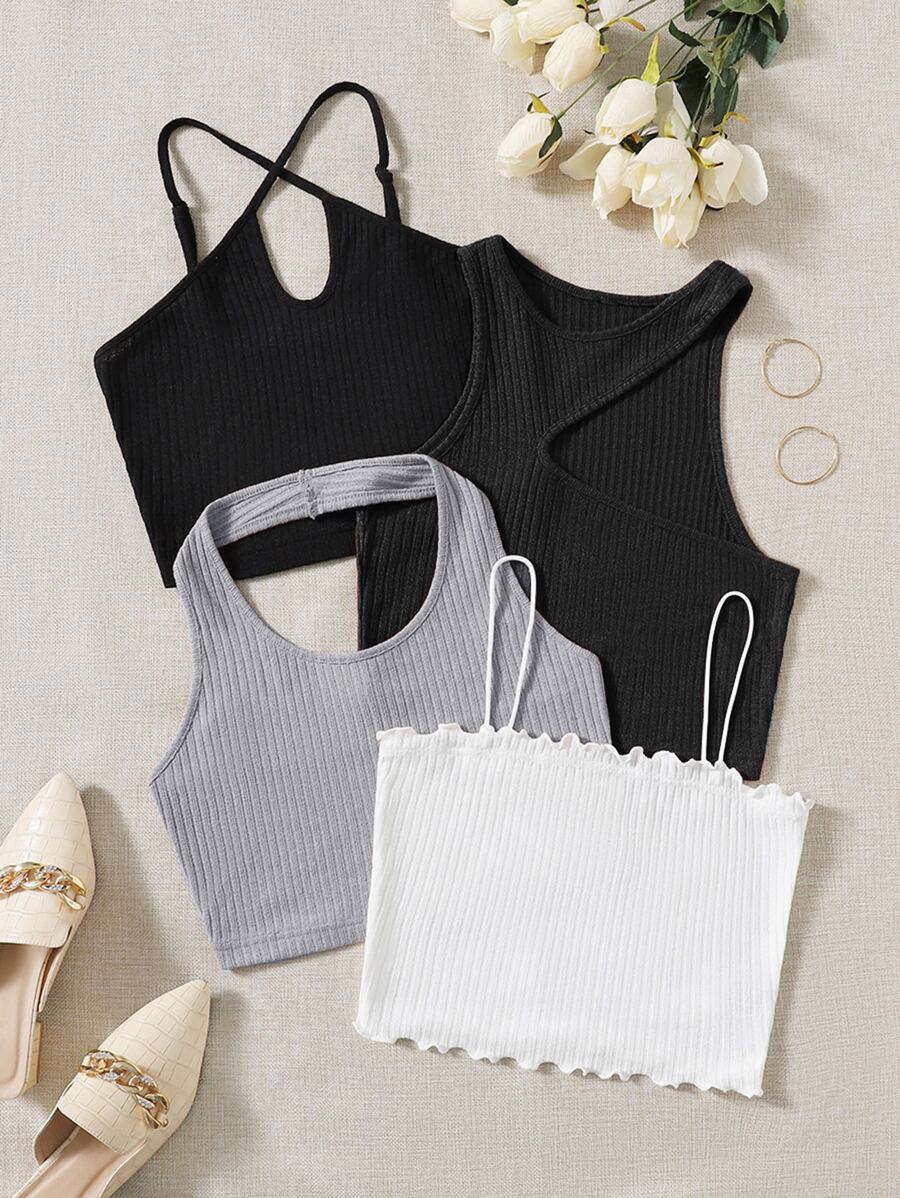 SHEIN EZwear 4 piezas Top sólido de punto acanalado, top para salir - Multicolor - Ver 1