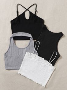 SHEIN EZwear 4 piezas Top sólido de punto acanalado, top para salir - Multicolor - Ver 2