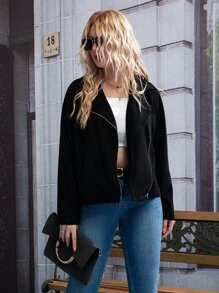 Plus Zip Up Suede Biker Jacket - Black - View 1