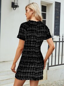 Single Breasted Raw Trim Tweed Fitted Dress - Black - View 2