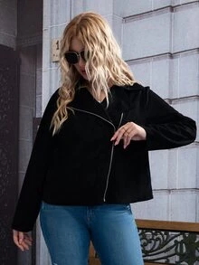 Plus Zip Up Suede Biker Jacket - Black - View 3