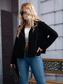 Plus Zip Up Suede Biker Jacket - Black - View 4