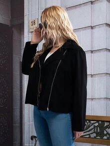 Plus Zip Up Suede Biker Jacket - Black - View 5