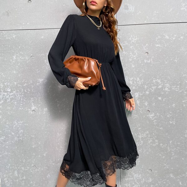 

Contrast Lace Scallop Trim Mock Neck A-line Dress, Black