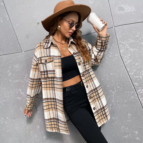 

Flap Pocket Button Front Plaid Print Overcoat, Apricot