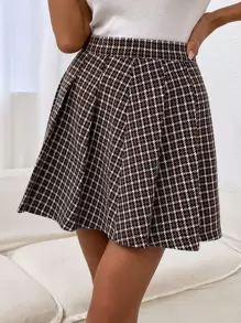 高腰千鳥格百褶半身裙 - 卡其色 - 查看 4