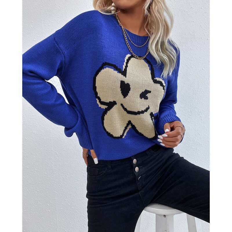 

Floral & Cartoon Graphic Drop Shoulder Sweater, Blue