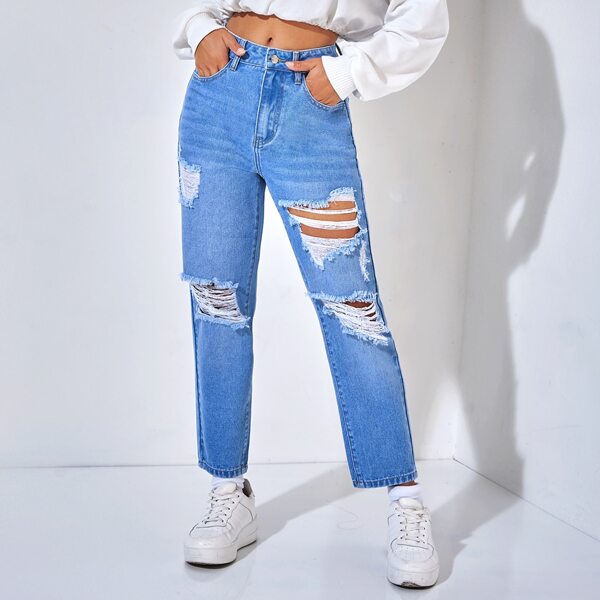 

Ripped Detail Mom Jeans, Light wash