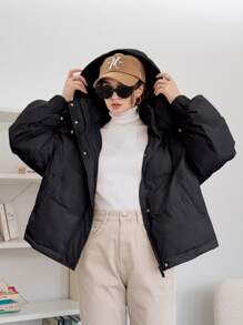 DAZY 拉链按扣抽绳下摆连帽棉服外套，冬季女装，棉服女式夹克 - 黑色 - 查看 4