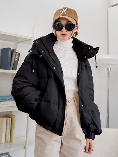 DAZY Zip Up Snap Button Drawstring Hem Hooded Padded Coat, Winter Women Clothes, Padded Coat Women Jacket
