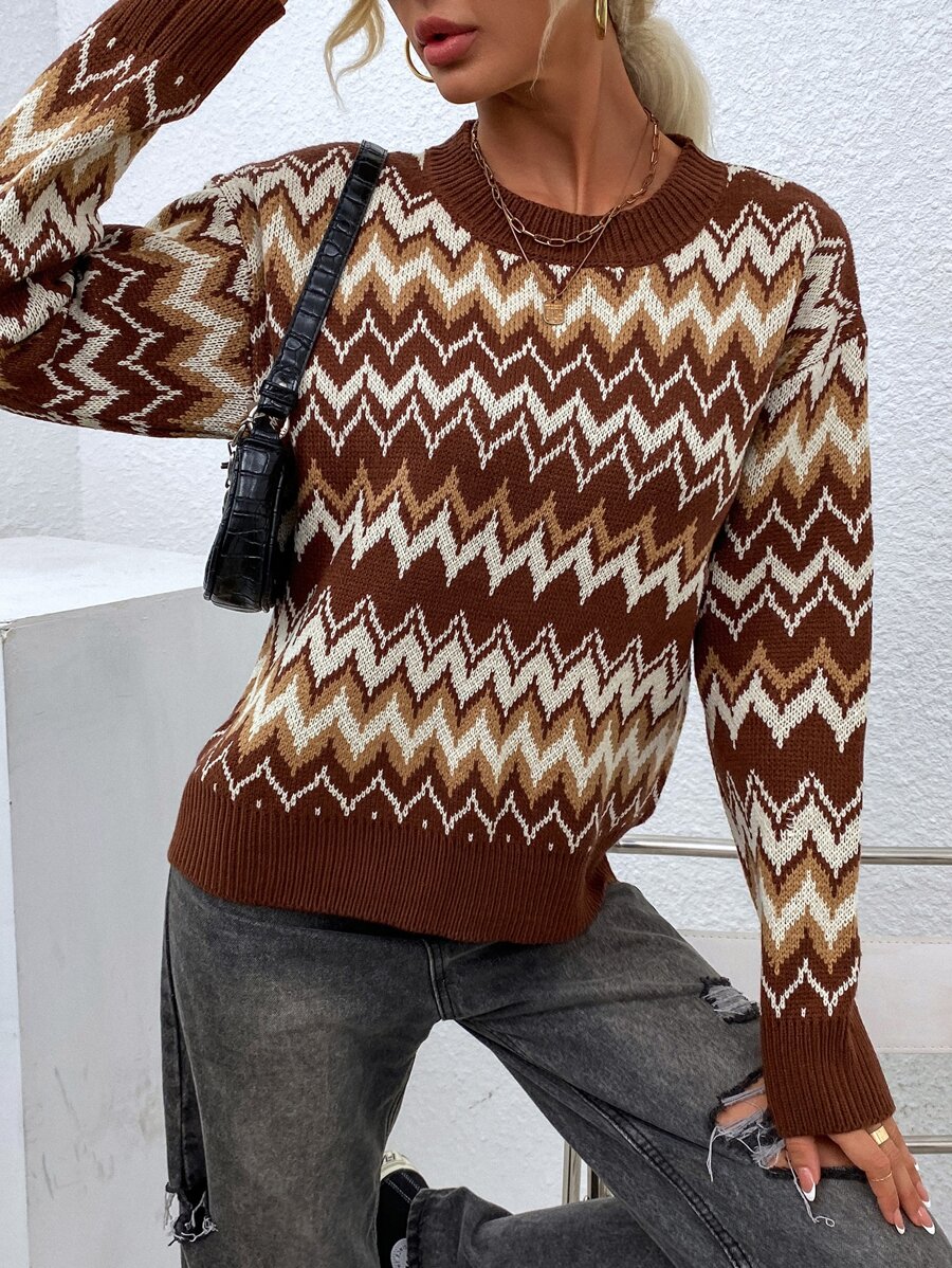 SHEIN LUNE 鋸齒圖案落肩袖套頭毛衣 - 彩色 - 查看 1