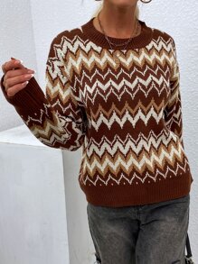 SHEIN LUNE 鋸齒圖案落肩袖套頭毛衣 - 彩色 - 查看 3