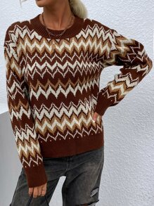 SHEIN LUNE 鋸齒圖案落肩袖套頭毛衣 - 彩色 - 查看 4