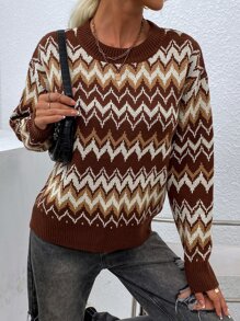 SHEIN LUNE 鋸齒圖案落肩袖套頭毛衣 - 彩色 - 查看 6