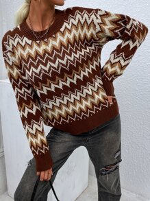 SHEIN LUNE 鋸齒圖案落肩袖套頭毛衣 - 彩色 - 查看 7