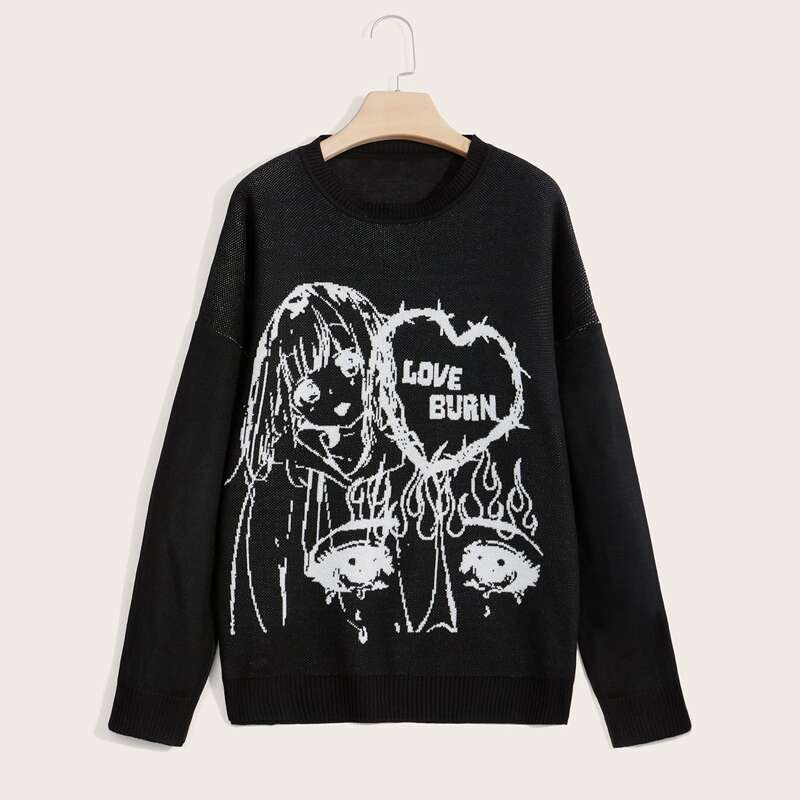 

Letter Figure Pattern Sweater, Black