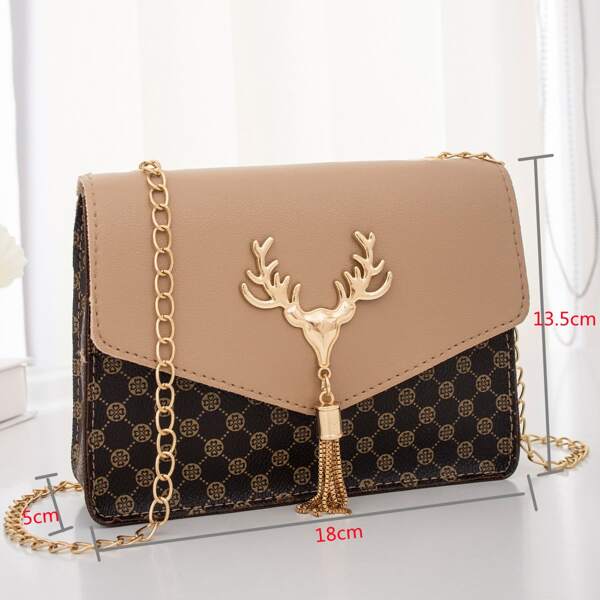 

Metal & Tassel Decor Plaid Pattern Flap Square Bag, Brown