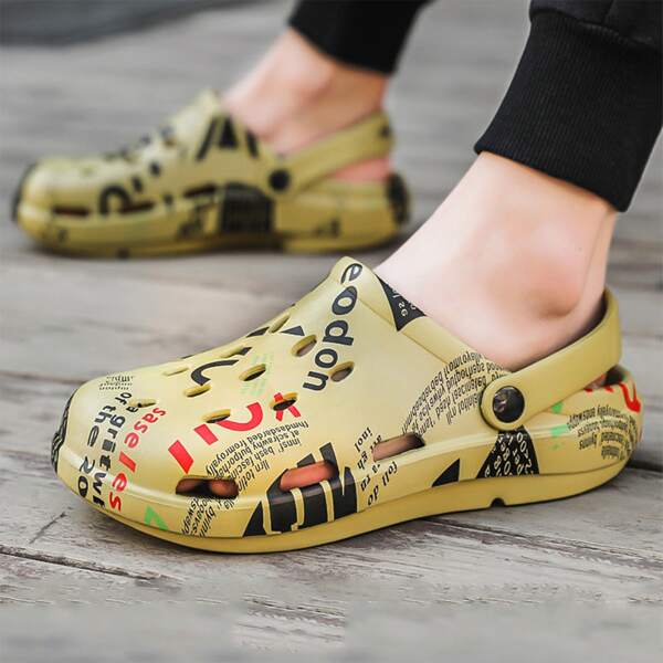 

Men Hollow Out Design Graphic Vented Clogs, Gold