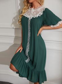 Vestido para dormir con encaje en contraste ribete fruncido bajo con fruncido - Verde Oscuro - Ver 1
