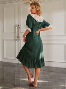 Vestido para dormir con encaje en contraste ribete fruncido bajo con fruncido - Verde Oscuro - Ver 2
