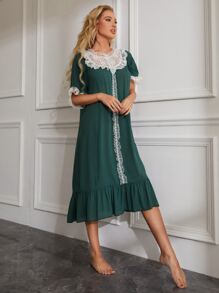 Vestido para dormir con encaje en contraste ribete fruncido bajo con fruncido - Verde Oscuro - Ver 6