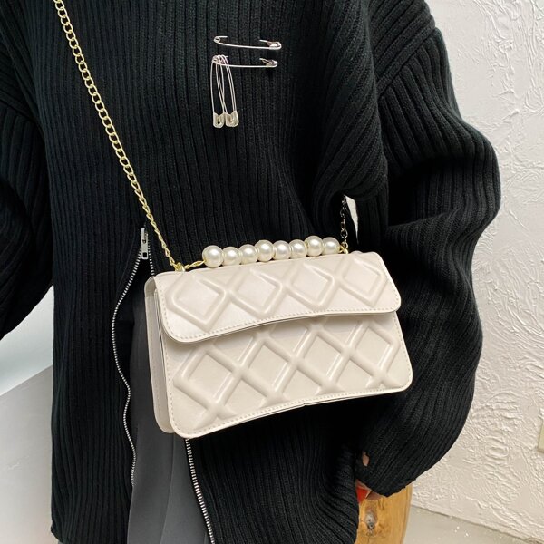 

Faux Pearl Decor Embossed Chain Shoulder Bag, Beige