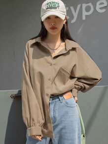 DAZY Autumn Casual Solid Color Long Sleeve Corduroy Shirt - Khaki - View 1