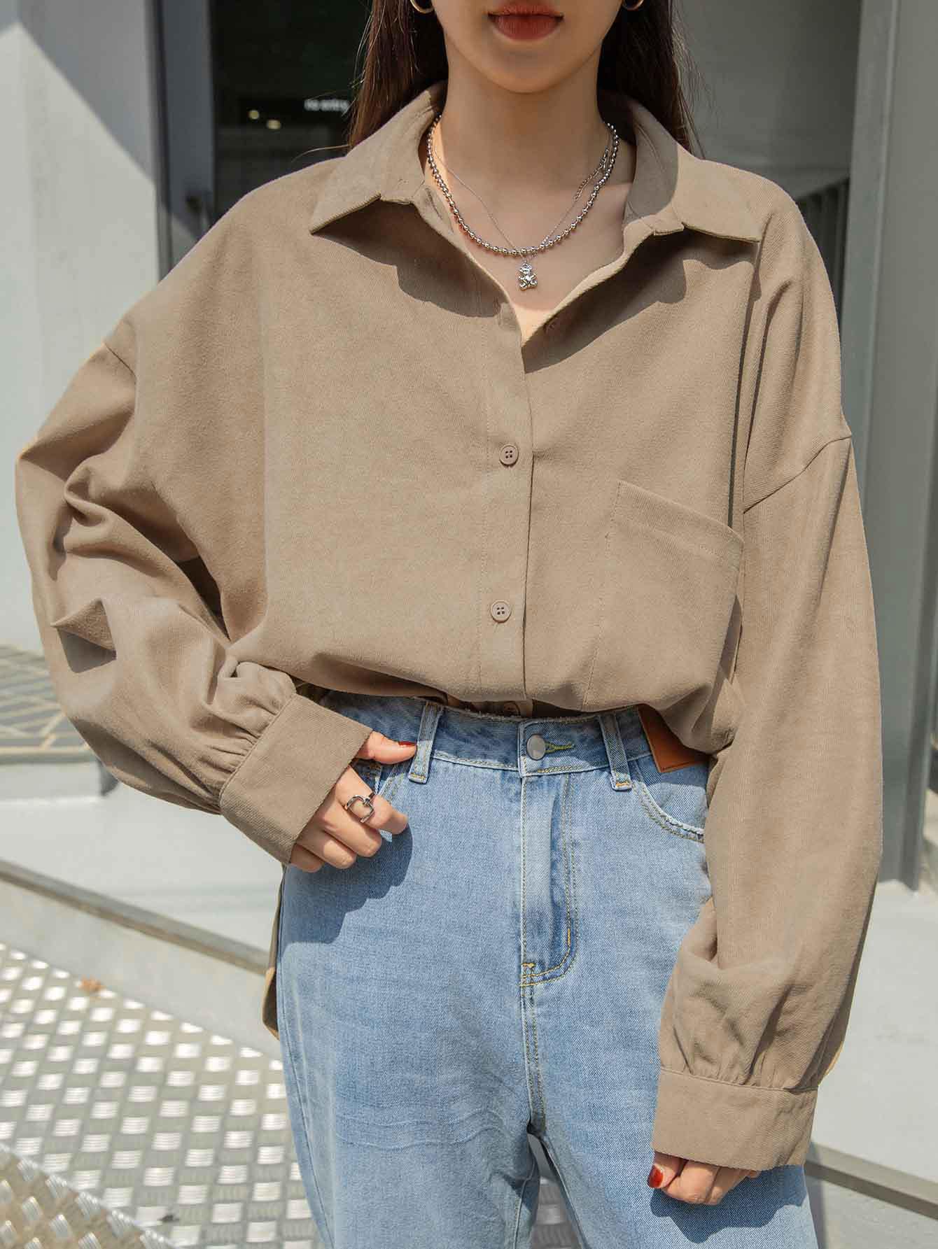 DAZY Autumn Casual Solid Color Long Sleeve Corduroy Shirt - Khaki - View 3