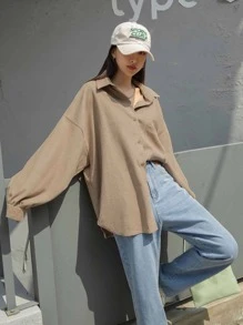 DAZY Autumn Casual Solid Color Long Sleeve Corduroy Shirt - Khaki - View 4