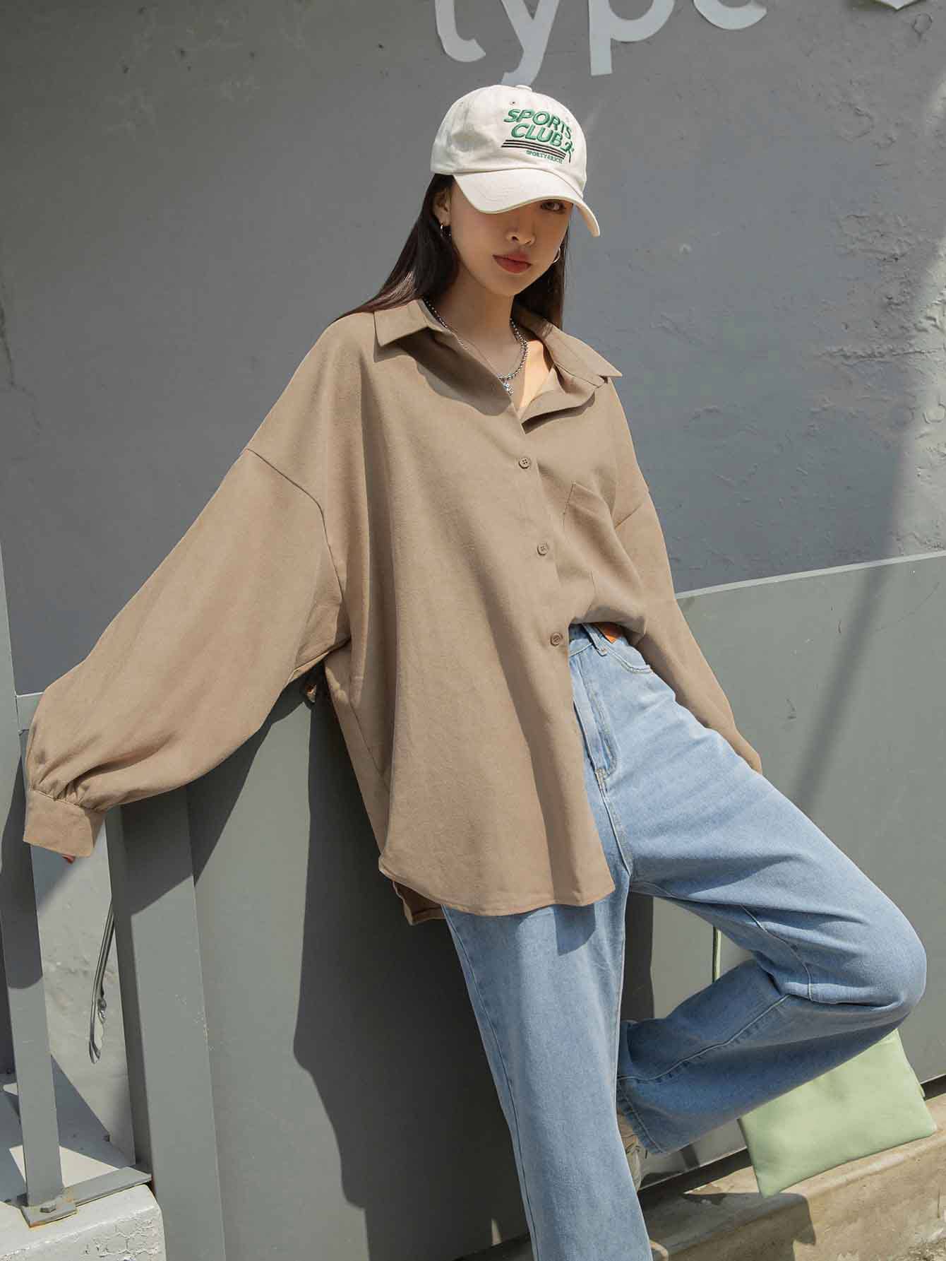 DAZY Autumn Casual Solid Color Long Sleeve Corduroy Shirt - Khaki - View 4