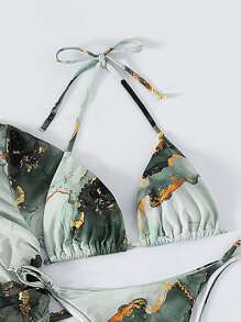 SHEIN Swim Summer Beach Marble Print Bikini Set Halter Triangle Bra & Thong Bottom & Cover Up Top & Skirt 4 Piece Bathing Suit - Multicolor - View 3