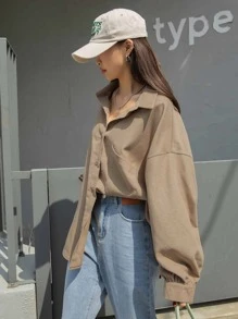 DAZY Autumn Casual Solid Color Long Sleeve Corduroy Shirt - Khaki - View 5