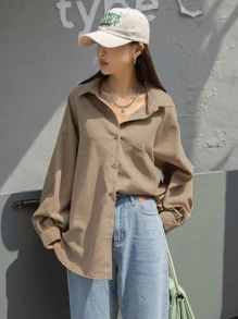 DAZY Autumn Casual Solid Color Long Sleeve Corduroy Shirt - Khaki - View 6