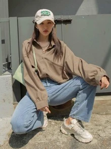 DAZY Autumn Casual Solid Color Long Sleeve Corduroy Shirt - Khaki - View 7