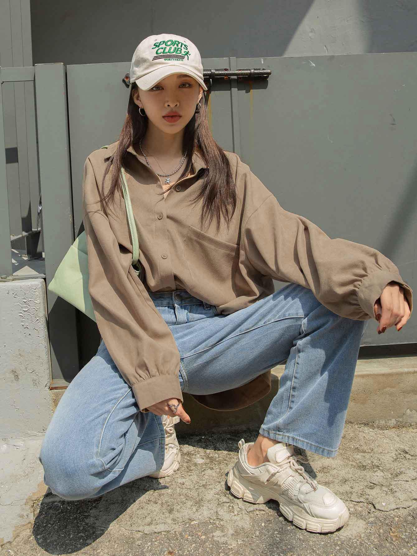 DAZY Autumn Casual Solid Color Long Sleeve Corduroy Shirt - Khaki - View 7