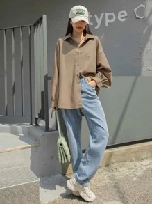 DAZY Autumn Casual Solid Color Long Sleeve Corduroy Shirt - Khaki - View 8