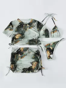 SHEIN Swim Summer Beach Marble Print Bikini Set Halter Triangle Bra & Thong Bottom & Cover Up Top & Skirt 4 Piece Bathing Suit - Multicolor - View 5