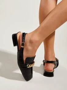 Mocassins plats à bout pointu avec décoration de chaîne métallique, mode femme pour un port quotidien - Noir - Voir 3