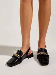 Mocassins plats à bout pointu avec décoration de chaîne métallique, mode femme pour un port quotidien - Noir - Voir 4