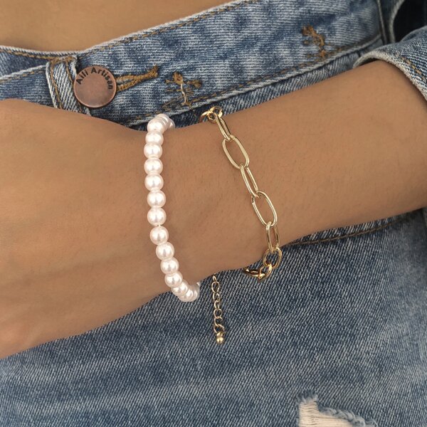 

2pcs Faux Pearl Decor Bracelet, Gold