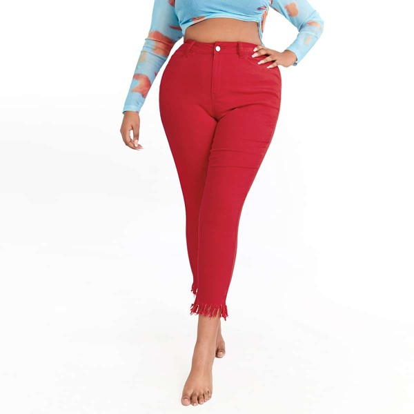 

Plus Zipper Fly Fringe Hem Skinny Jeans, Red