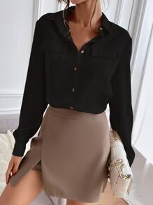 SHEIN Clasi 纯色领口纽扣翻盖口袋衬衫，长袖上衣 - 黑色 - 查看 3