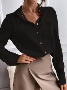 SHEIN Clasi 纯色领口纽扣翻盖口袋衬衫，长袖上衣 - 黑色 - 查看 4