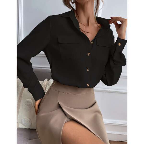 

Solid Collared Button Up Flap Pocket Blouse, Black