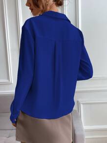 SHEIN Privé Solid Collared Button Up Flap Pocket Shirt - Royal Blue - View 2